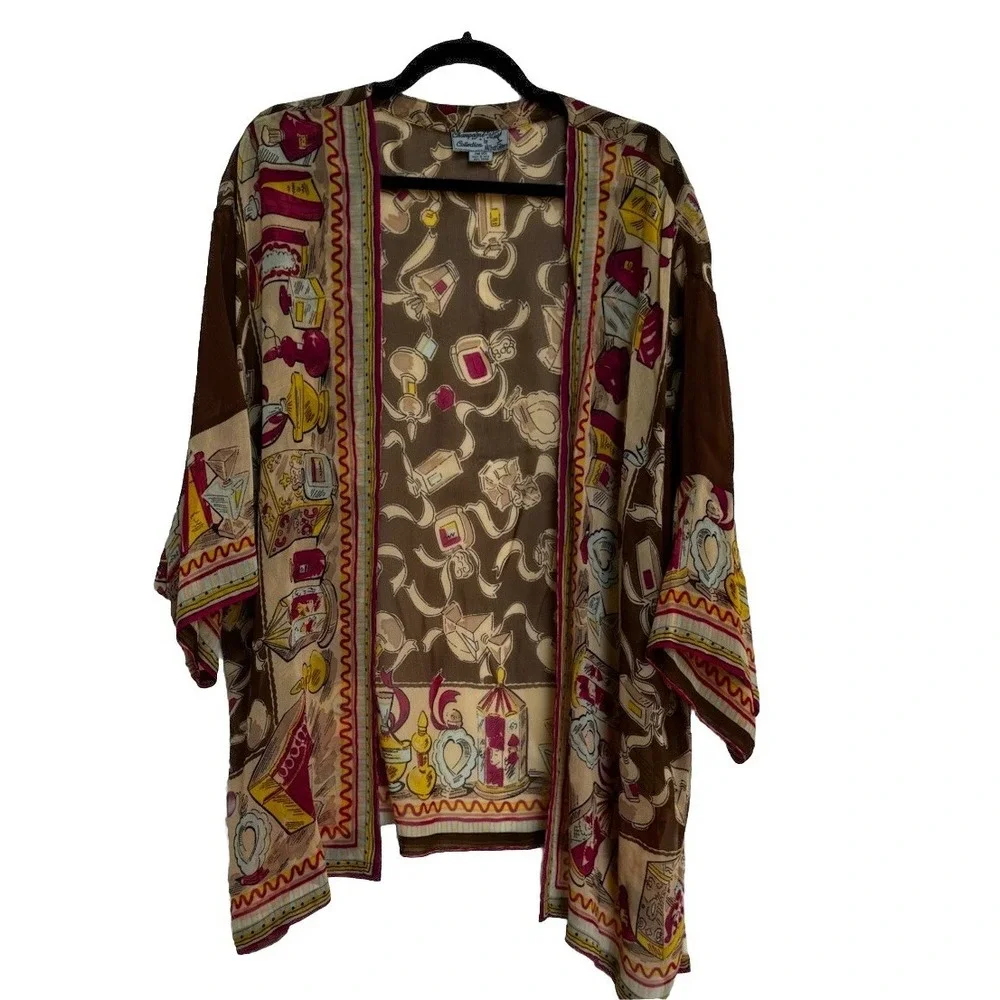 Vtg Sheer Kimono‎ Cardigan Perfume Print Boho Chic Open Front Duster Topper Glam